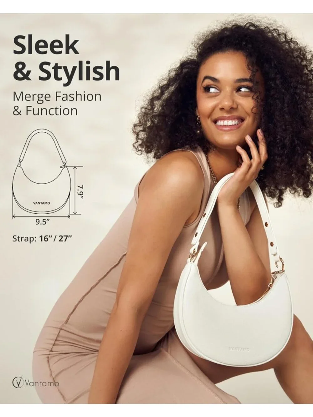 Vantamo Women's Bag White Half Moon Clutch with Anti-Theft Clip for Extra Safety